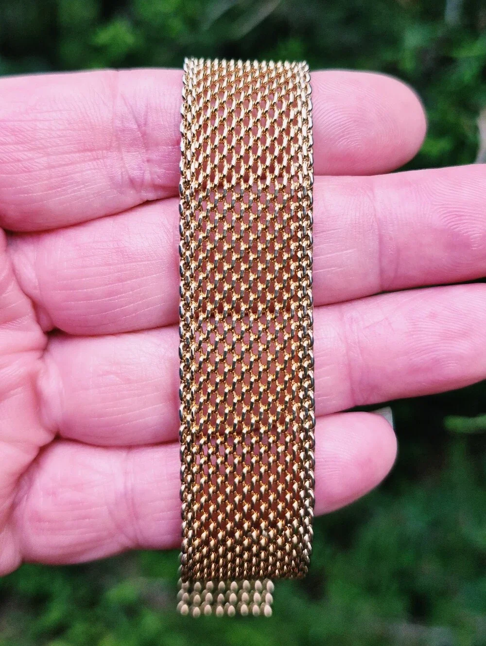 Vintage Victorian Revival Mesh Tassel Fringe Slide Bracelet Adjustable Gold Tone